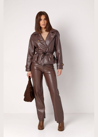 Коричнева демісезонна жіноча куртка з поясом з екошкіри 235053 Lurex