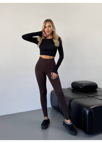 Жіночі лосини в рубчик на флiсi коричневого кольору 35722 No Brand (366530965)