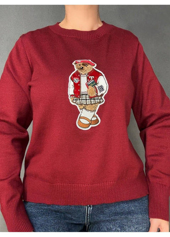 Бордовый демисезонный свитер женский a-n 2609 с нашивкой медвежонок оверсайз базовый one size No Brand