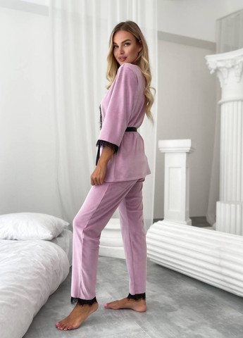Розово-лиловый демисезонный домашний велюровый комплект с халатом No Brand