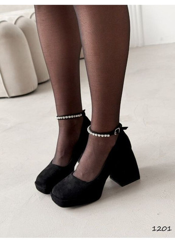 L&M Чорні туфлі з ремінцем, еко-замш, класичні туфлі на підборах, квадратний каблук, туфлі жіночі Loada код 1201 чорний з штучна замша, — демісезон (300288780)
