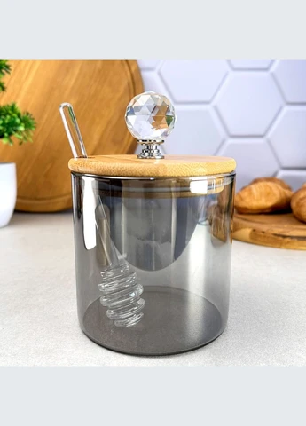 Скляна банка для меду 550 мл зі скляною паличкою Smokey Crystal No Brand (319848070)