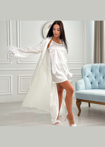 Весільний Халат довгий з пір'ям індика + сорочка - Білий колір No Brand (322414652)