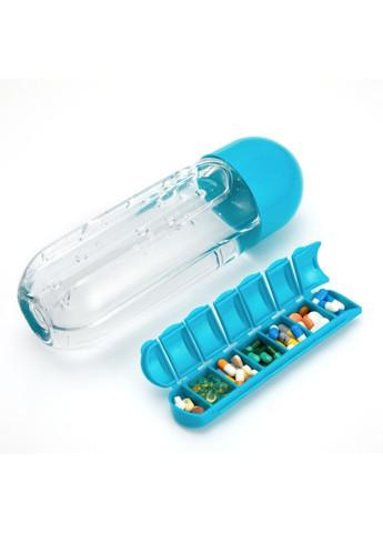 Бутылка для воды с таблетницей на 7 дней голубая 600 мл No Brand (315633201)