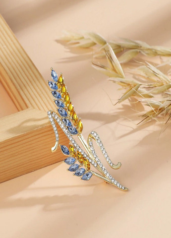 Золотиста патріотична подвійна брошка Колосся пшениці з кристалами символ України жовто блакитна Fashion Jewelry (292144537)