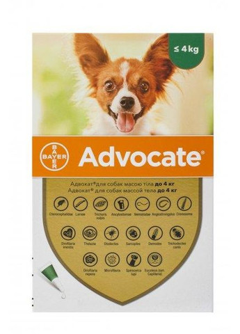 Каплі Advocate для собак до 4 кг (від блох, вошей, власодів, кліщів) Адвокат 3 піпетки х 0,4 мл Bayer (278309693)