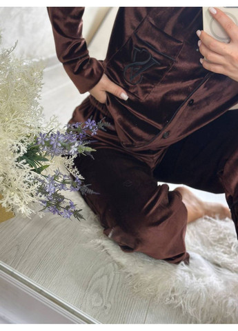 Темно-коричневая всесезон женская бархатная пижама рубашка + брюки Avanti