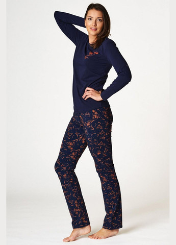 Синя зимня піжама з квітковим принтом лонгслів + брюки Key LNS 752 B22 blue