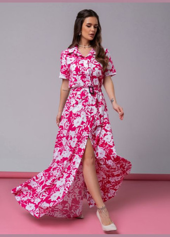 Малиновое длинное платье-рубашка в цветочек No Brand с цветочным принтом