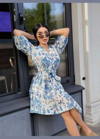 Синее повседневный платье-кимоно длины мини с узорами MonCher