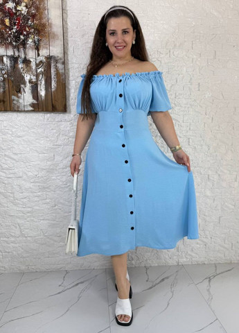 Блакитна повсякденний вишукана легка літня повсякденна міді сукня на гудзиках з короткими рукавами ліхтарик Україна однотонна