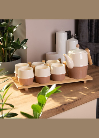 Чайный керамический сервиз на бамбуковой подставке 8 предметов, Yiwu (328922885)