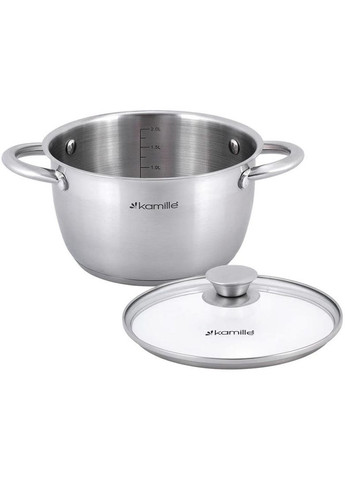 Кастрюля из нержавеющей стали 3л с мерной шкалой для готовки и варки пищи с крышкой стеклянной Kamille (368988477)