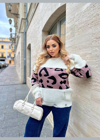 Білий теплий вязаний вовняний светр з лео вставкою рванка подовжений білий You Best