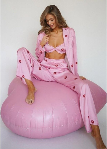 Розовый демисезонный стильный домашний комплект 4 в 1 с принтом женская одежда для дома и отдыха с рюшами нежный набор с поцелуями для женщин Cindylove