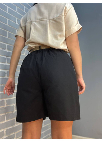 Шорти котонові 4022 бермуди висока посадка на резинці пасок з льону чорні MIX RAY (315446691)