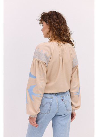 Бежева жіноча вишиванка бежева з блакитними ластівками гладдю Arjen льон (361056833)