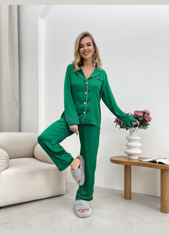Зеленая всесезон шелковая пижама рубашка + брюки No Brand