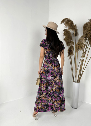 Малиновое повседневный, джинсовое, кэжуал летнее платье макси из софта с ярким принтом а-силуэт INNOE с животным (анималистичным) принтом