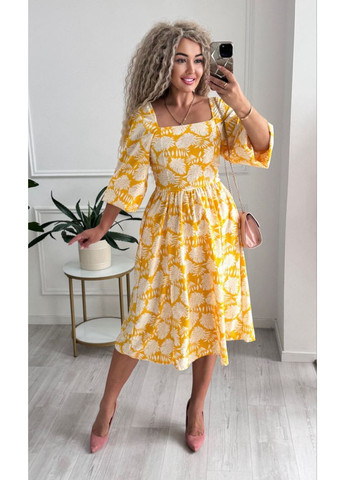 Світло-жовтий святковий, повсякденний, кежуал жіноча сукня з квітковим принтом а-силует Style Point з квітковим принтом