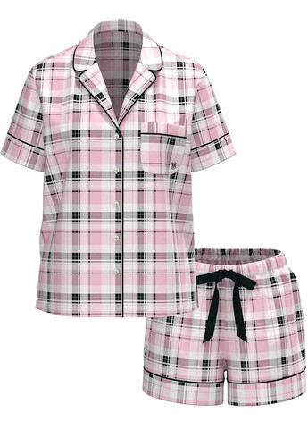 Комбінована піжама жіноча фланель у клітинку рожева сорочка +шорти сорочка + шорти Victoria's Secret