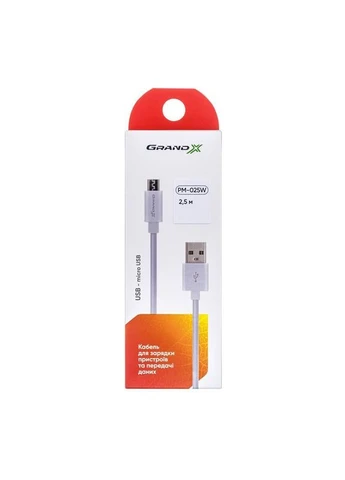 Кабель USB - micro USB (M/M), Cu, 2.5 м, Білий (PM025W) Grand-X (394763670)