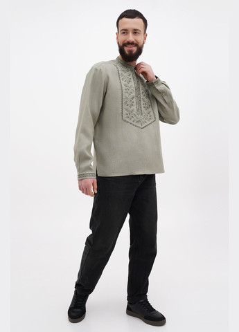 льняная мужская вышиванка с дубовыми листьями и воротником-стойкой славко. песочный, р.60, код 9424/60/883 ГАЛЕРЕЯ ЛЬОНУ лен (333164726)