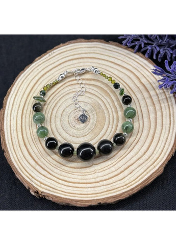 Браслет натуральный Обсидиан, Жадеит, Нефрит, Циркон, гип-ный сплав цвет серебро d-12-2мм+- L-18-23см No Brand Браслет (362695437)