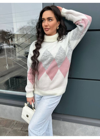 Молочный зимний тёплый полушерстяной свитер romb с высоким горлом! пуловер BANG__BOOOM