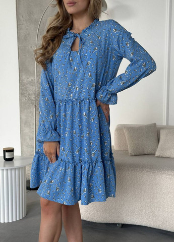 Блакитна кежуал вишукана легка літня міді сукня вільного крою з квітковим візерунком, рукавами ліхтарик та воланом Tik-Tak з квітковим принтом