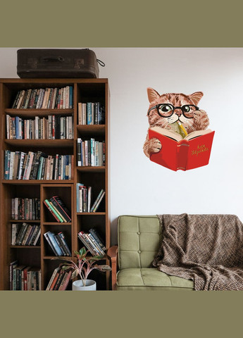 Вінілова самоклеюча інтер'єрна на стіну до школи та садка "Кіт і книга" з оракалу Кавун наклейка (316189901)