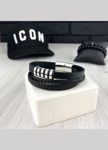 Мужской кожаный браслет плетеный, черный с серебристыми вставками. No Brand (328251243)