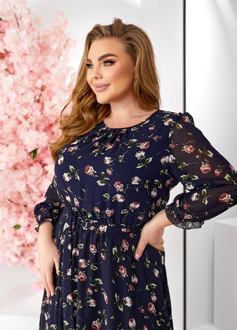 Синя повсякденний, кежуал шифонова сукня з довгими рукавами кльош, дзвін No Brand з квітковим принтом