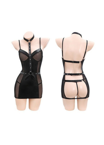 Черное откровенный эротическое платье с ременными манжетами из эко-кожи и сетки No Brand