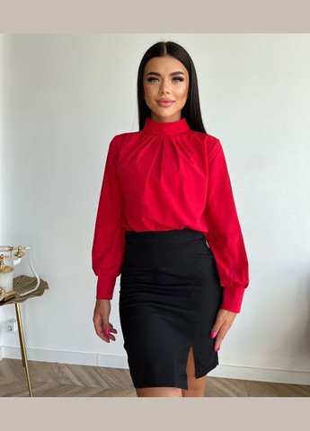 Красная однотонная красная блузка из софта с бантом и длинным рукавом+ воротником-стойка, стильная качественная деловая блуза No Brand 971-1
