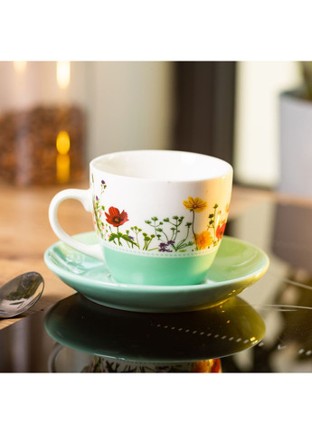 Керамическая чашка для чая и кофе с блюдцем, с цветочным принтом 250 (мл) Бирюзовая Liling Rongxiang Ceramic (360454825)