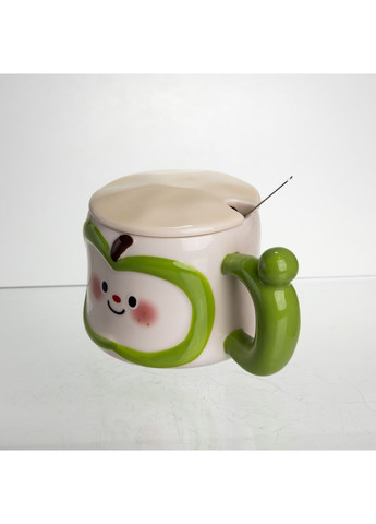 Чашка фарфоровая 400 (мл) с крышкой и ложкой, оригинальная кружка на подарок чашка для детей Зеленый FM-25A Yiwu (371391721)