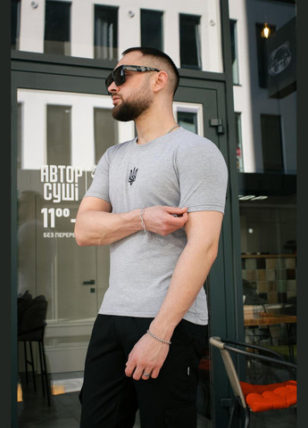 Серая футболка мужская с вышивкой "тризуб" серый меланж с коротким рукавом Intruder