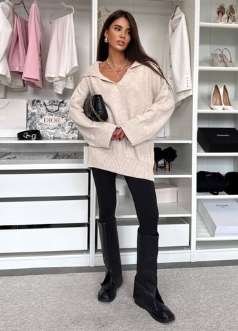 Бежевий демісезонний вишуканий повсякденний в'язаний демісезонний оверсайз светр з відкладним коміром Allthings