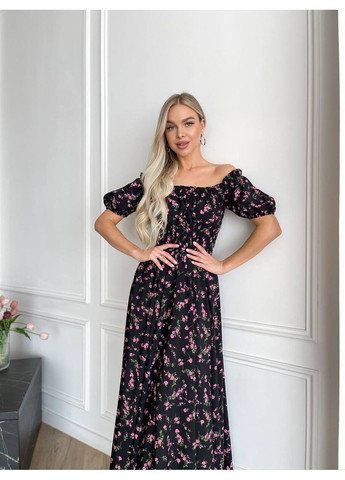 Чорна святковий, повсякденний, вечірня, пляжна, кежуал жіноча довга сукня з відкритими плечима Vakko з квітковим принтом