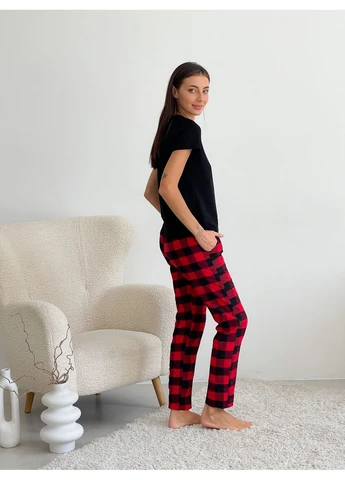 Красная женский пижамный комплект cosy с черной клеткой брюки и футболка демисезонный фланель 70% хлопок 30% полиэстер seli No Brand