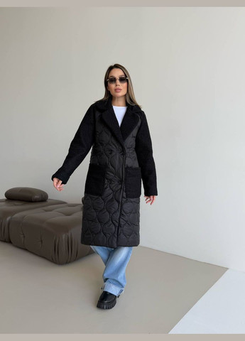 Черная зимняя удлинённая черная куртка с наполнителем синтепон 250, рукава из ткани 'баранчик' – нежная, стильная и тёплая для холодных дней No Brand 5380-2