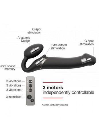 Безременный страпон с вибрацией Vibrating Black M, диаметр 3,8см, пульт ДУ, регулируемый Strap-On-Me (335387104)