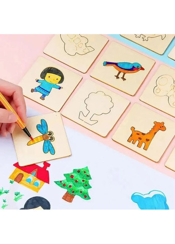 Дерев'яні трафарети для малювання 40 шт (20 дощечок), з двома фломастерами (променівний колір) No Brand (366303892)