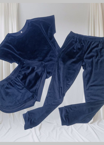 Синяя всесезон пижама женская велюровая тройка, синяя футболка + шорты + брюки No Brand