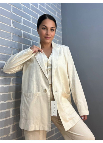 Молочный женский пиджак 4441 удлиненный оверсайз с наложенными карманами MIX RAY - летний