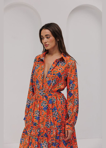 Помаранчева коротка сукня в квіточку чорну з довгими рукавами Arjen