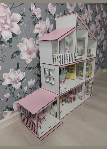 Дитячий дерев'яний ляльковий самозбірний будиночок котедж триповерховий для ляльок, 7 кімнат, з меблями і з терасою No Brand (305076706)