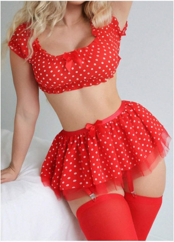 Красный демисезонный женский комплект белья в мелкий горошек соблазнительное нижнее белье с подтяжками к чулкам Cindylove