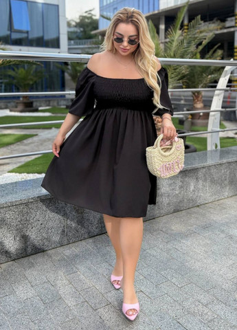 Черное повседневный изысканное легкое летнее меди платье с рукавами к локтю и резинкой сзади Україна с цветочным принтом